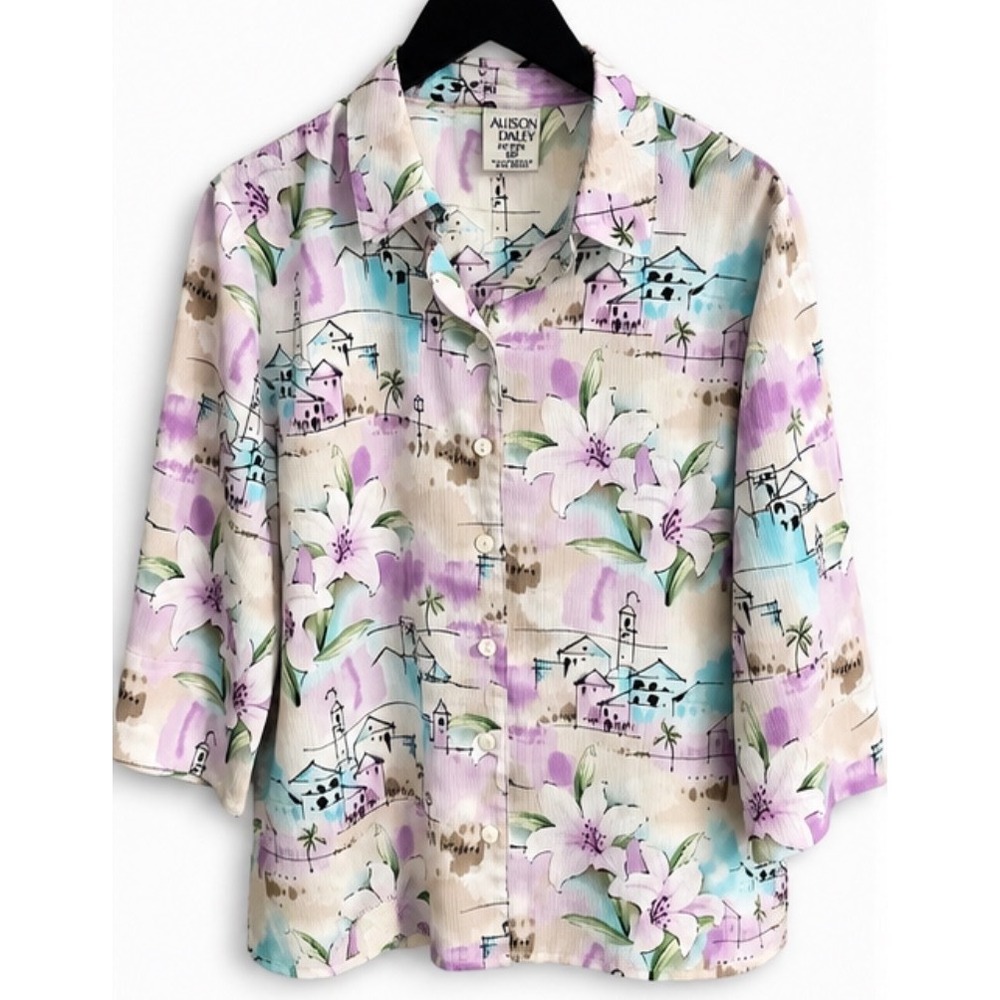 Allison Daley Petites Scenic Mediterranean Floral Button Blouse 12P Lavender 713